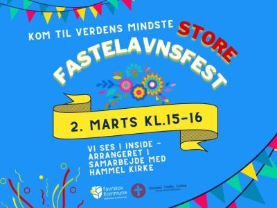 teksten "kom til verdens mindste store fastelavnsfest 2. marts kl.15-16" ses på en blå baggrund med festlige guirlander og konfettistrimler i flotte farver